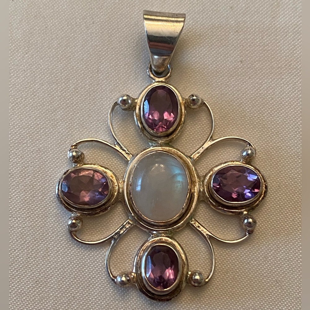 Signed Sterling Silver 925 Faceted Gemstone and Moonstone Pendant 1.4" Round